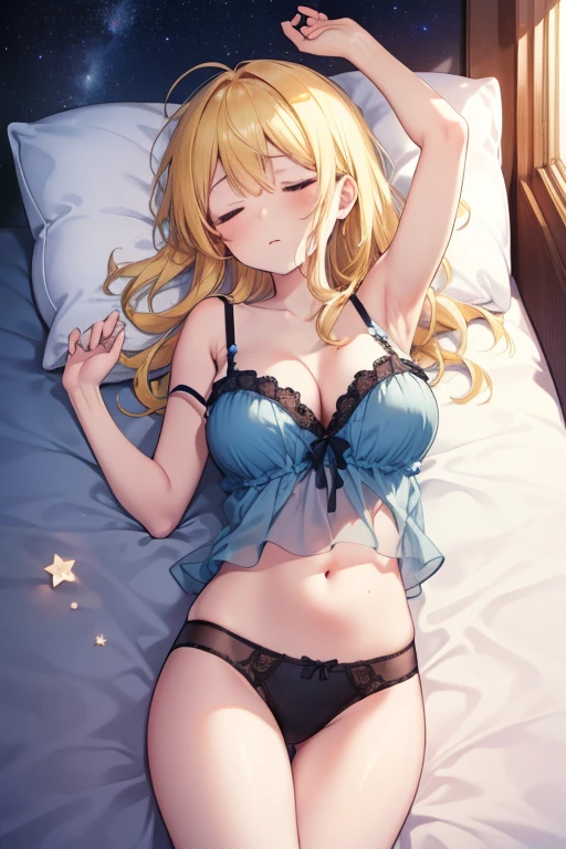 Yase area, catalyst, Yellow hair, long hair,Windows,Large Breasts,eyes closed while sleeping,Romantic starry sky,A shooting star passed by,Light blue camisole,light blue underwear,sleep with your head on the pillow,Sleeping on your back in bed,Sleep in bed,night,
rest indoors, bedroom,
rest (masterpiece:1.2), best quality, High resolution, unified 8k wallpaper, (shape:0.8), The facial details are very rich, Perfect lighting, Very detailed CG, (Perfect hands, perfect anatomy),