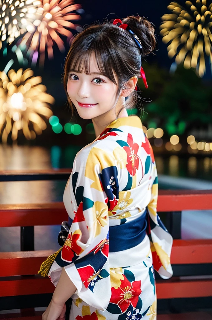 ((Highest quality, 8K, masterpiece: 1.3)),RAW Photos,Realistic atmosphere,Lens flare, Ray Tracing,(Detailed beautiful white skin:1.3),Beautiful Japanese,27 years old, Detailed face,Bun Hair,Gorgeous hair with red and gold ornaments,(Watching the fireworks wearing a floral yukata:1.2),Huge fireworks,(White yukata with sleeves:1.2),((Ribbon-type obi:1.3)),((Looking back with an innocent smile:1.3)),Blurred grand fireworks,(Many colorful fireworks:1.2)Star Mine,Fireworks across the sky,Large fireworks,Huge fireworks