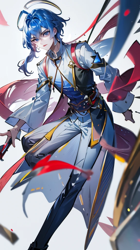 blank background, white background, Masterpiece, Best quality, just 1 Tang Wu Tong, the expression is cold, strong, blue eyes, short hair, wolfcut hairstyle, smoky mix blue color hair, resolute eyes, red lips, simple Taoist Taoist uniform, Chinese mix morden, frontal photo, anime, illustration, Chinese purple short-sleeved shirt, black or white background, simple background, front painting, half body, full body