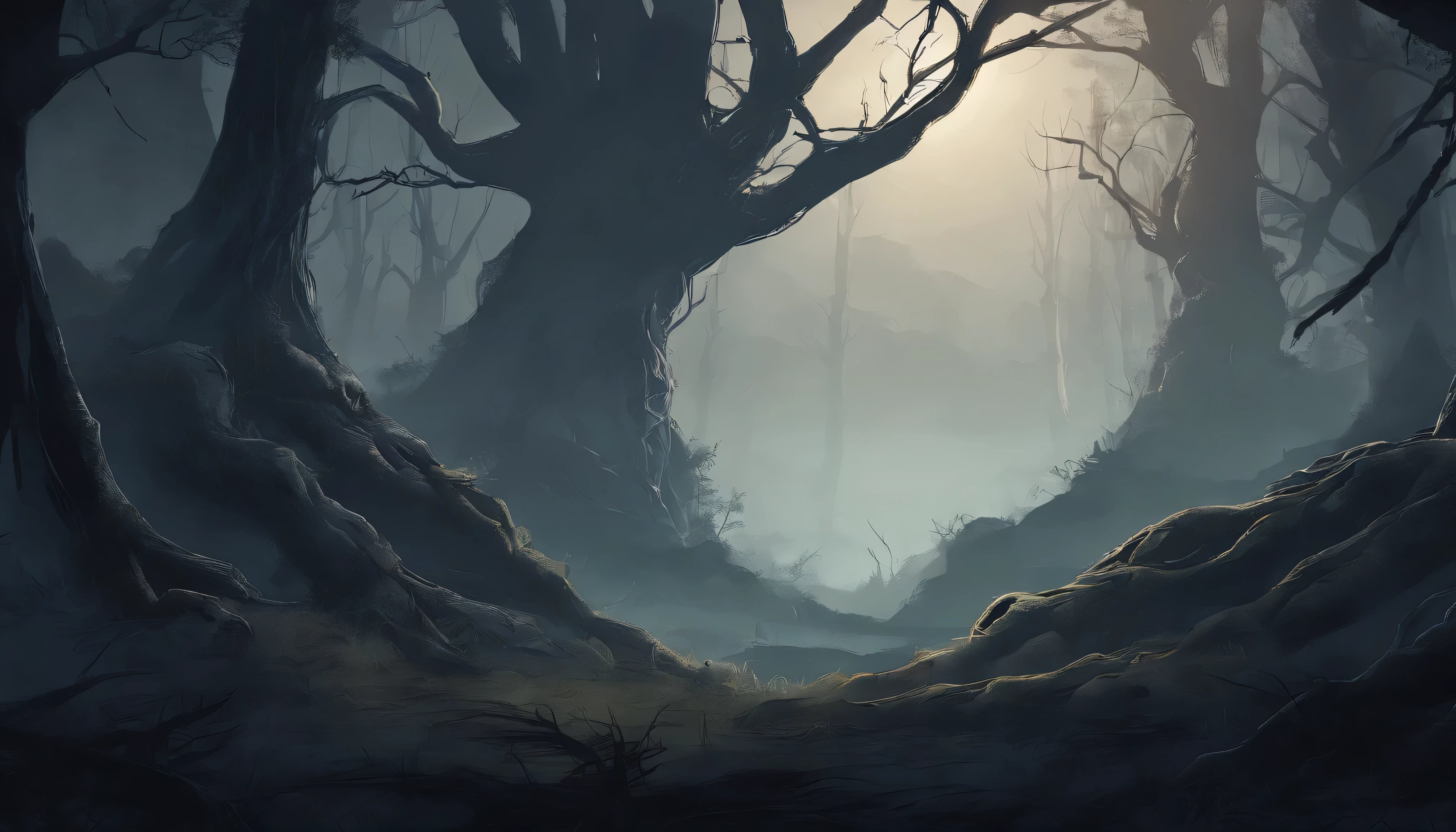 dark and dense forest at night with thick tree roots and no path