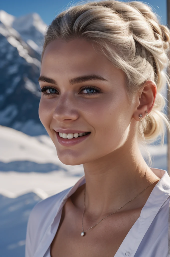 gorgeous, beautiful, 21 years old scandinavian, white hair in a bun, best portrait photo ever, men magazine portrait, beautiful smile, perfect teeth, seductive, flirty, face photo, best mountain tourist attraction background, smiling, beautiful blue shirt, detailed skin, realistic, photo-realistic, 8k sharp focus, highly detailed, full length frame, High detail RAW color art, piercing, diffused soft lighting, shallow depth of field, sharp focus, hyperrealism, cinematic lighting