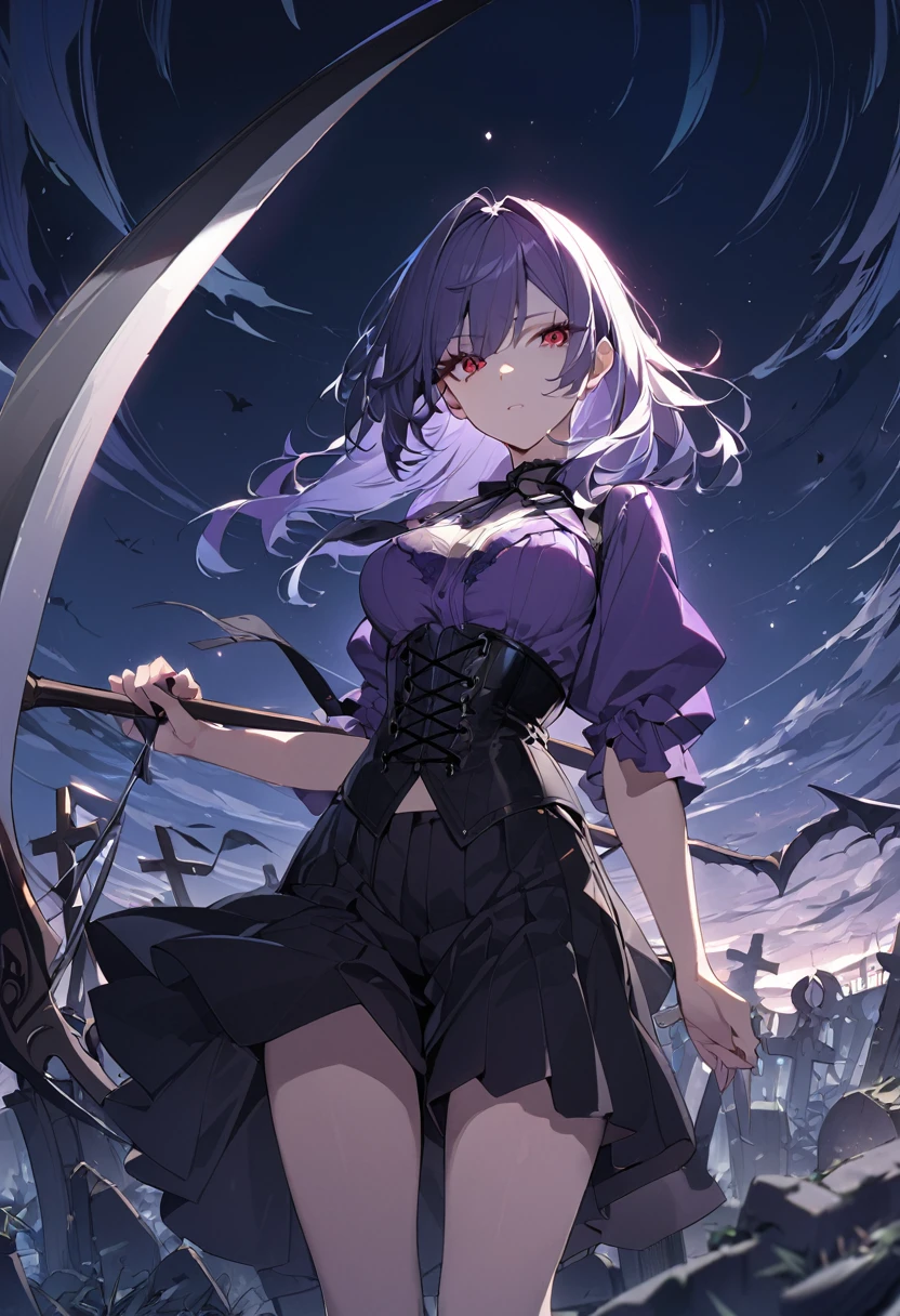 1 girl, masterpiece, best quality, fair skin, purple mesh, red eyes, corset, culottes, black scythe, black rose, wind, night, grave, anime