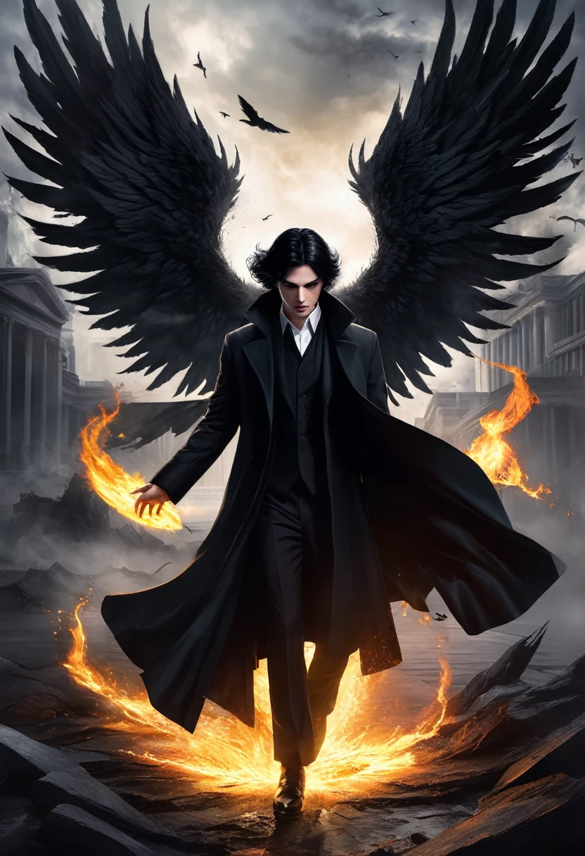 Dark Book Cover:
A fallen angel dominates the scene, its immense black wings contrasting with its pale skin. Her black hair falls wildly over her face., partially hiding your dark eyes. He is kneeling, with one knee touching the rough ground, wrapped in a long black overcoat that flaps in the wind. Behind him, a flaming portal to hell emerges, radiating a sinister and threatening light, projecting shadows that seem to move with a life of their own. The atmosphere is filled with despair and mystery, capturing the essence of a world lost between redemption and damnation.