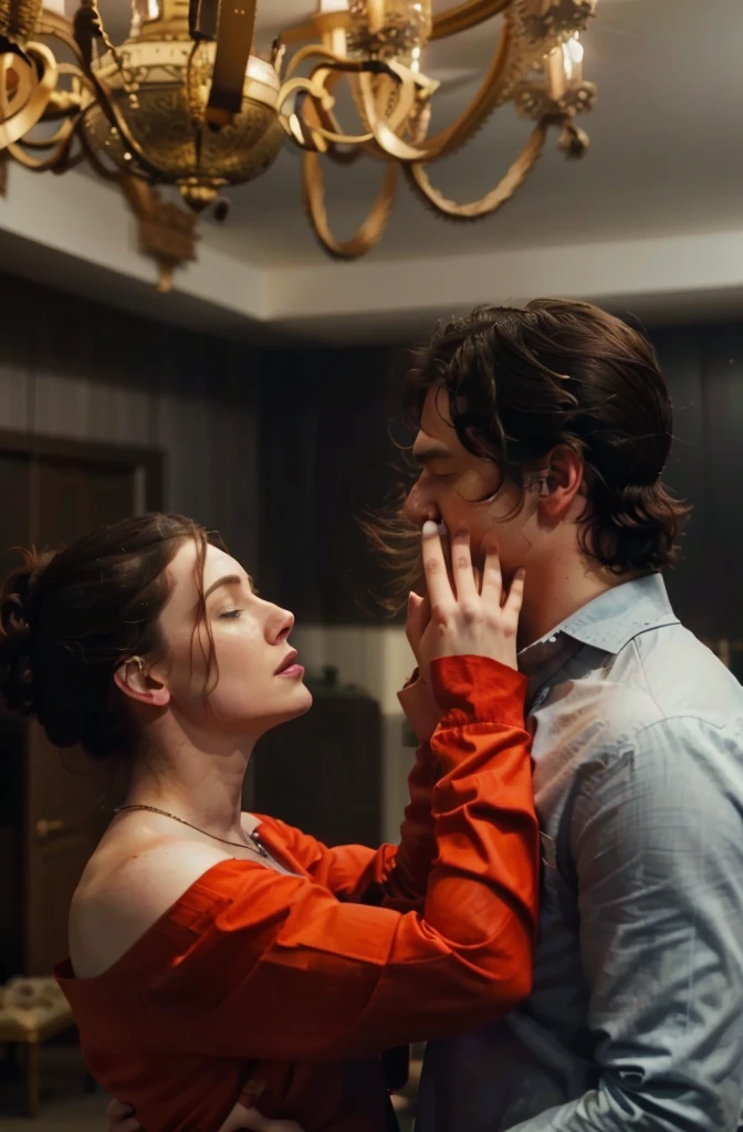 a couple dancing where the woman has long, dark hair and the man has completely BLONDE hair and their faces are fully visible and eyes open