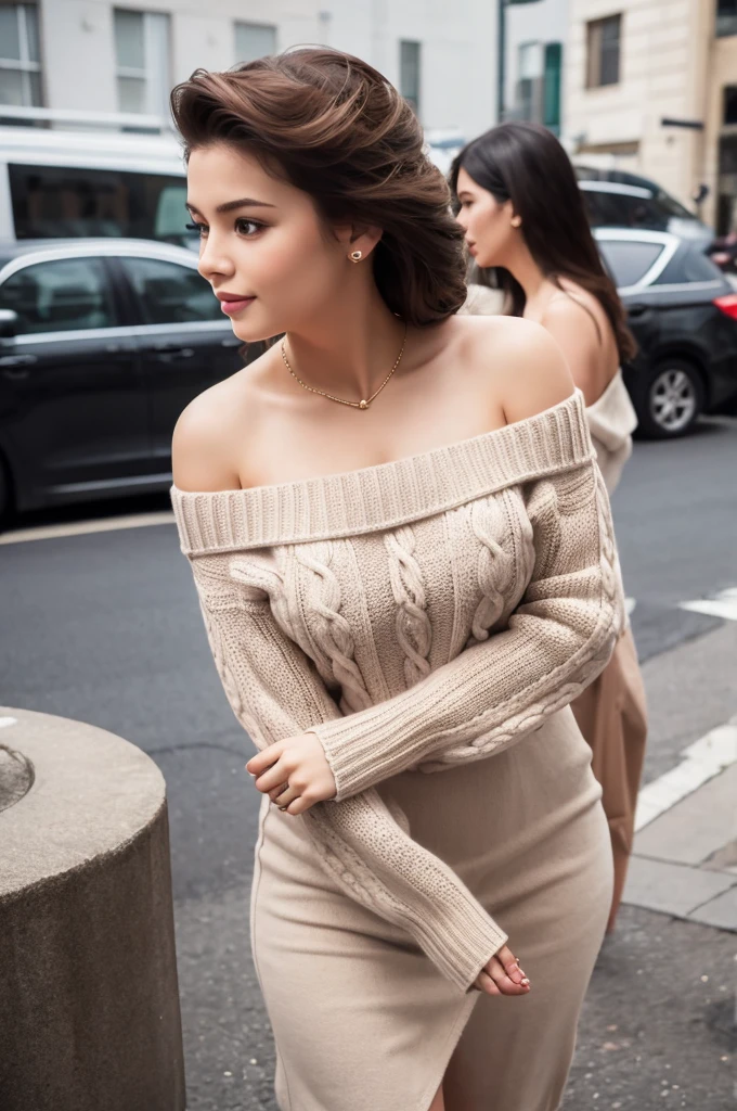 ((Highest quality)), ((masterpiece)), (detailed), One girl, 40s,Voluptuous,Off-the-shoulder sweater, Peeing,In front of people