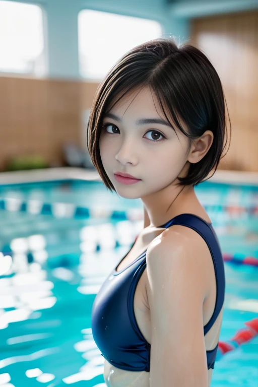 one girl, (a beauty girl, delicate girl:1.3), (12 years old:1.3),((Wet school swimsuit)) (Navy school swimsuit:1.3),((Cute pose)) ,Very detailedな明瞭さ, (Symmetrical eyes:1.3), (School swimming pool, indoor:1.3), Small breasts, Brown eyes, ((very beautiful short black hair)),((Pixie Cut))、 Brown Hair, girl,, (Eye and facial details:1.0),, (masterpiece, Highest quality, Very detailed, Detailed face, 8K)