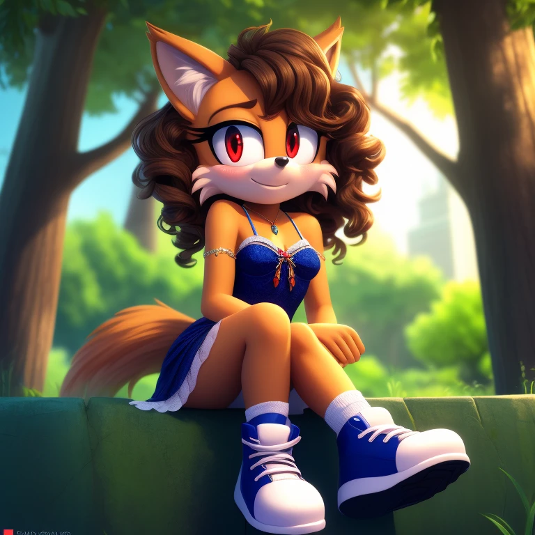 mobian, solo, hedgehog, two-tone fur ((orange fur, brown fur)), embroidered mesh loose blouses, high-top sneakers, small breasts, two-tone hair (brown hair, black tip)), curly hair, halo, sunglasses, jewelry, red eyes, longeyelashes, red eyes, smile, shy, blush, pose, high detail, masterpiece, UHD, anatomically correct, super detail, highres, 4K