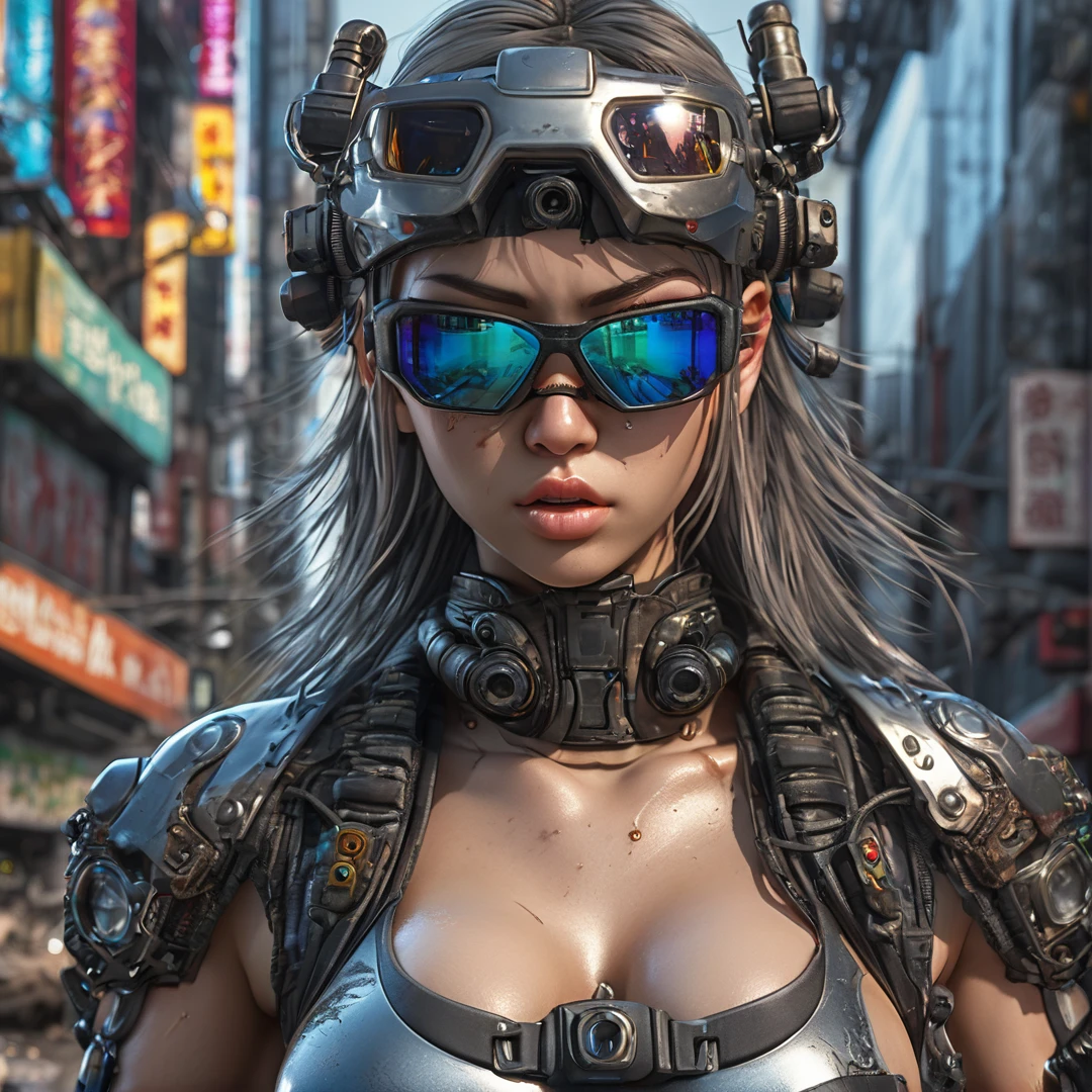 Heavy metal Militar girl, post-apocalyptic city, insanely detailed real shiny skin, masterpiece body quality, real color, erotic and sensual, d cup, big chest, sunglasses, 8k resolution🔥, Miki Asai Macro photography, close-up, hyper detailed, trending on artstation, sharp focus, studio photo, intricate details, highly detailed, cinematic by zack snider