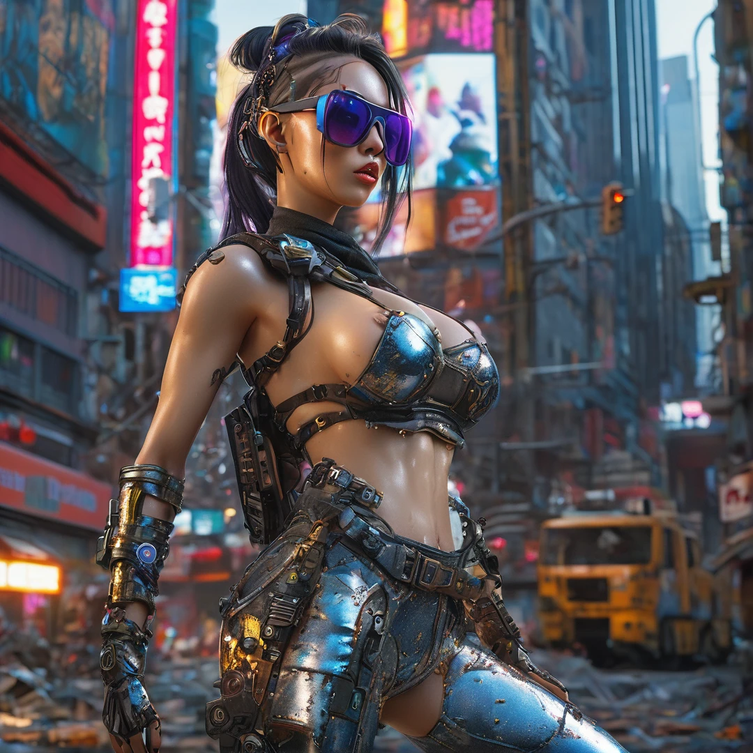 Heavy metal techno girl, post-apocalyptic city, insanely detailed real shiny skin, masterpiece body quality, real color, erotic and sensual, d cup, big chest, sunglasses, 8k resolution🔥, Miki Asai Macro photography, close-up, hyper detailed, trending on artstation, sharp focus, studio photo, intricate details, highly detailed, cinematic by zack snider