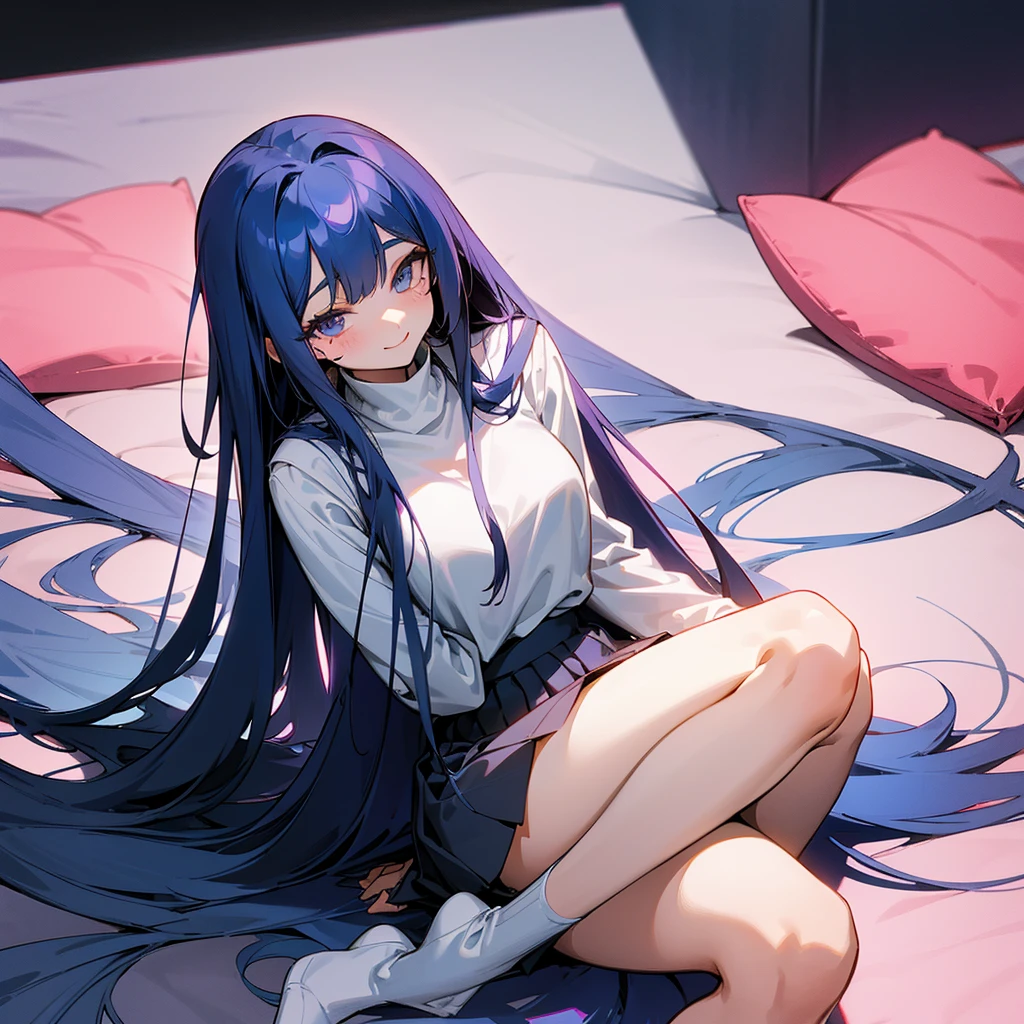 Anime girl with very long dark blue hair with straight bangs with some strands of hair next to her cheeks, slanted fuchsia eyes with a smile on her face mature body a mole under each eye wearing a gray skirt with long stockings up to her legs and a white shirt with a light blue sweater sitting on the floor