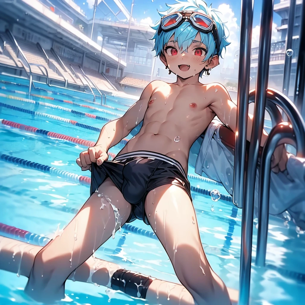 (solo:2), (boldline:-1.7), (swimming:1.5), (arched back:1.1), ((bubble)), (spread legs:1.2), (((fang))), (((best finger))), BREAK (best quality:1.5), (absolutely resolution:1.5), (ultra detailed:1.5), (masterpiece:1.5), (perfect face), (detailed face), (detailed eyes), (best eyes), (cute face), (shota:2.2), BREAK (topless:1.5), BREAK (white speedos:1.5), (swimming goggles on head:1.3), (see throgh wet clothes:1.4), (bulge:1.6), (skinny:1.3), (spiked hair), BREAK (light blue hair:1.5), (wine red eyes:1.4), (eyes with highlight:1.6), ((mole under eye)), (sweaty skin), (chuckling:1.5), ((earrings)), (shiny skin:1.3), BREAK (stadium), (pool:1.5), (sunlight), ((wind blowing)), (((nipple))), ((abs)), (groin), water splashing, from below,