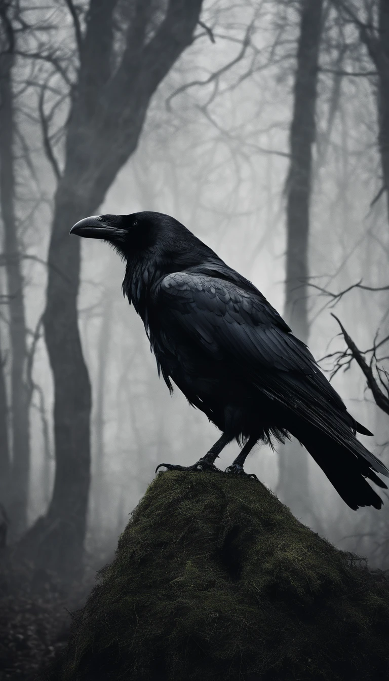 The image shows a dark forest shrouded in fog.. The trees are tall, with bare and twisted branches, creating a sinister and unsettling atmosphere. En el centro de la imagen, a large black crow with open wings stands out. The raven&#39;s wings seem to merge with the tree branches, creating an illusion of continuity between the creature and the forest.

The crow has a threatening expression, with piercing eyes and a sharp beak. Below the crow, Ao fundo, a humanoid figure appears, indistinct and shrouded in shadows, increasing the mystery and tension of the scene. the forest, with its dense fog, creates a feeling of isolation and imminent danger, while the raven and humanoid figure add an element of horror to the landscape.