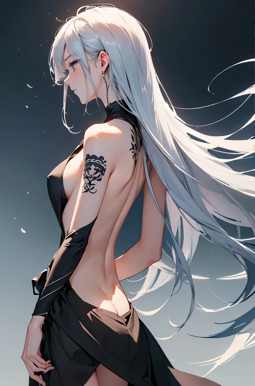 (Image from chest up:1.4)((masterpiece:1.5,Highest quality,Beautiful images、Sketch、2.5D、Ink Painting、Abstract、Artistic、Portraiture))(1girl, solo)(medium breasts, Silver Hair、long hair、sideboob、Exposing shoulders、Tattoo on shoulder)(Profile Portrait,Gaze sideways、Gaze diagonally、Shake your head、A sad expression, floating hair)(Monotone Abstract Background)((from backside:1.3)),Landscape
