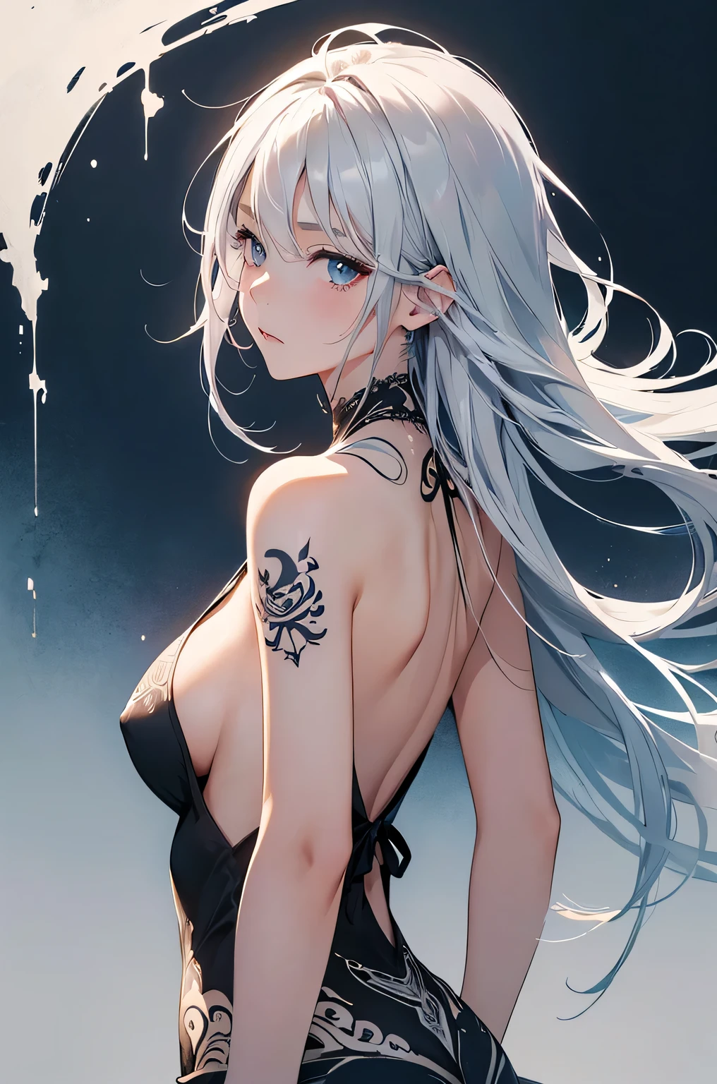 (Image from chest up:1.4)((masterpiece:1.5,Highest quality,Beautiful images、Sketch、2.5D、Ink Painting、Abstract、Artistic、Portraiture))(1girl, solo)(medium breasts, Silver Hair、long hair、sideboob、Exposing shoulders、Tattoo on shoulder)(Profile Portrait,Gaze sideways、Gaze diagonally、Shake your head、A sad expression, floating hair)(Monotone Abstract Background)((from backside:1.3)),Landscape
