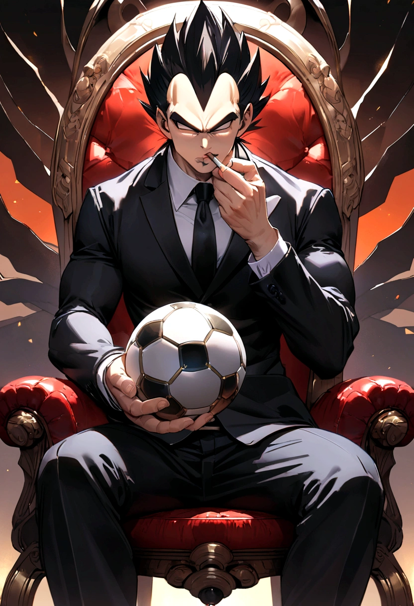 Vegeta wearing a black suit with a cigarette in his mouth, sitting in a chair that highlights your power and influence, masculine, Dragon sphere, holding a soccer ball in his hand.