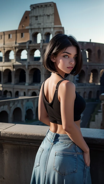 Kate, Short black hair with blue highlights, looking at the viewer, Blue eyes, perfect and sensual body, ((tanned young woman)) Women's black tank top dress with side slit on the shoulder, long skirt, sleeveless style, ((back to the camera, looking at the viewer )) in front of the coliseum in Rome, black hair, short hair, hair over one eye, hair behind ear, from behind, panorama, cinematic lighting