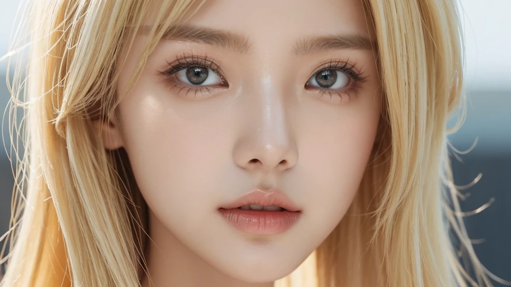 A kpop girl idol with blonde hair. Close up shot. Her hands produce fire and her eyes simmer