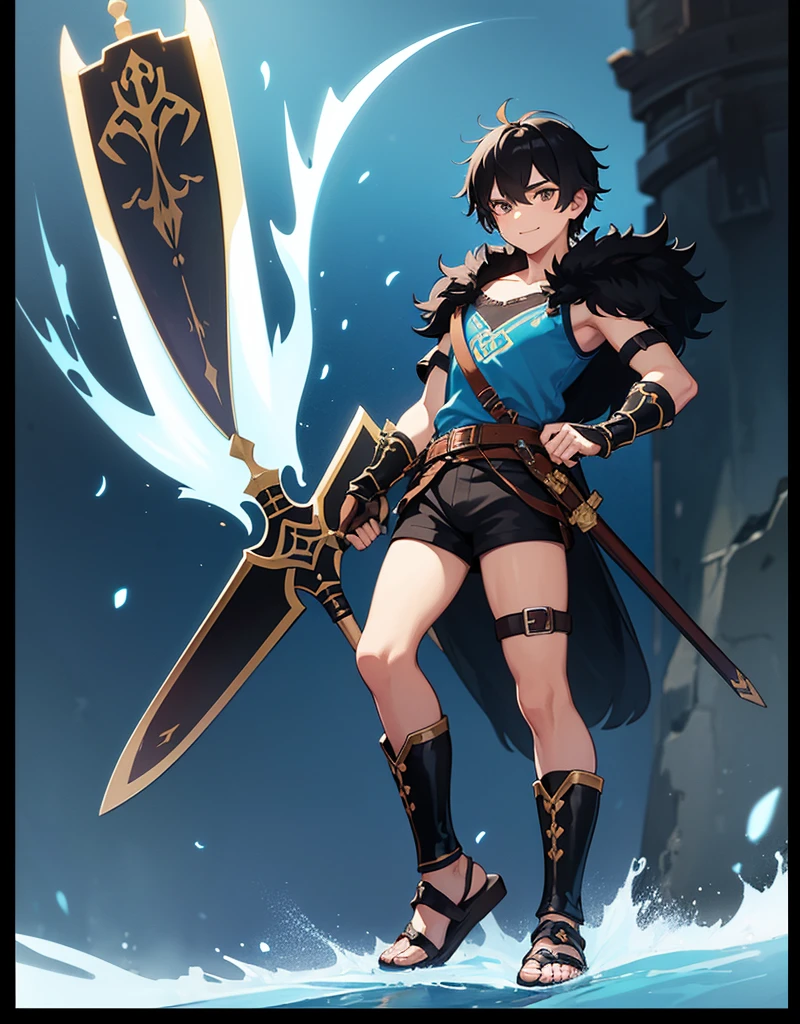 Young boy with black hair, brown eyes and fair skin, innocent and happy, wearing neon blue barbarian fur tunic, black shorts, gauntlets and sandals, weilding sword and shield, blue armor, fullbody, medieval background, boyish athletic