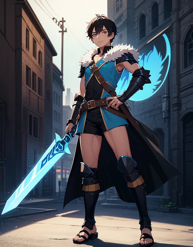 Young boy with black hair, brown eyes and fair skin, innocent and happy, wearing neon blue barbarian fur tunic, black shorts, gauntlets and sandals, weilding sword and shield, blue armor, fullbody, medieval background, boyish athletic