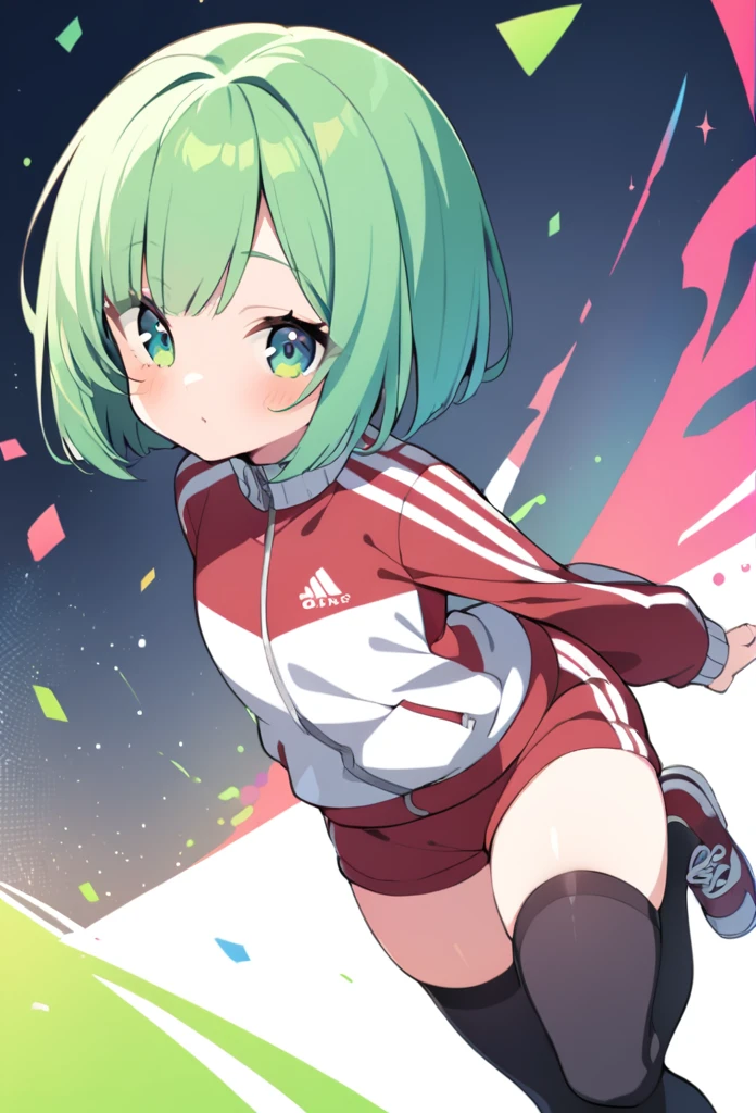 1 girl, cute, young, green hair, bob haircut, green eyes, tracksuit, thigh high,