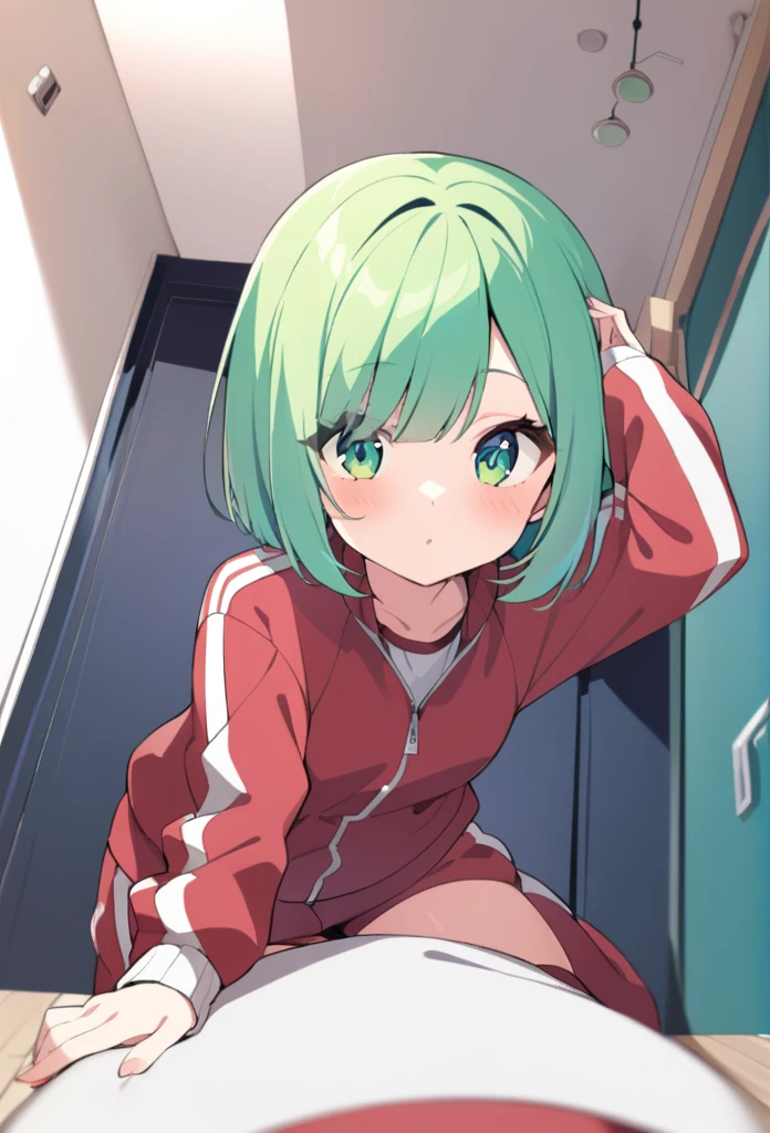 1 girl, cute, young, green hair, bob haircut, green eyes, gym clothes, thigh high, {{{{{{{{excessive cum}}}}}}}}, bukkake,
