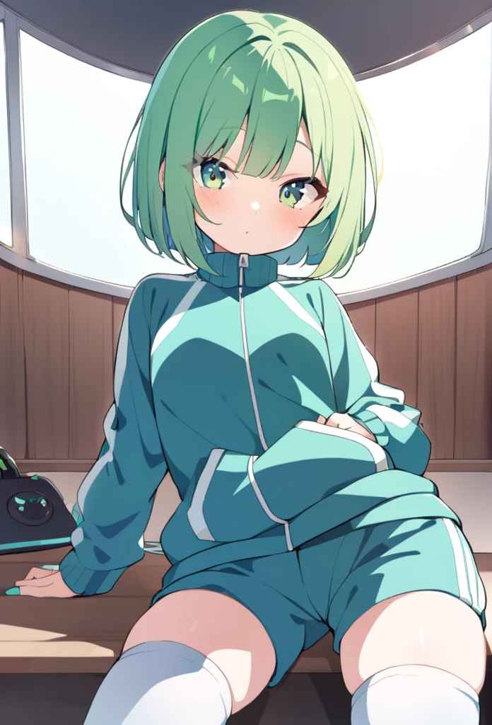 1 girl, cute, young, green hair, bob haircut, green eyes, tracksuit, thigh high,