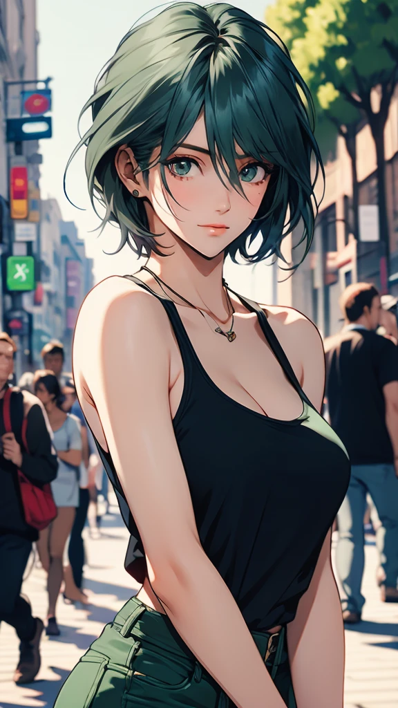 1 Female, Tamaki, green short hair, hair between eyes, (detailed eyes:1.3), Street fashion, boyish