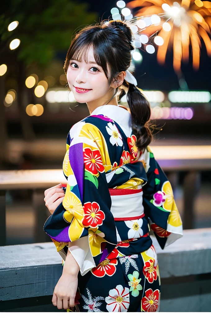 ((Highest quality, 8K, masterpiece: 1.3)),RAW Photos,Realistic atmosphere,Lens flare, Ray Tracing,(Detailed beautiful white skin:1.3),Beautiful Japanese,27 years old, Detailed face,Bun Hair,Red and gold hair ornament,(Watching the fireworks wearing a floral yukata:1.2),Huge fireworks,(White yukata with sleeves:1.2),((Ribbon-type obi:1.3)),((Looking back with an innocent smile:1.3)),Blurred grand fireworks,(Many colorful fireworks:1.2)Star Mine,Fireworks across the sky,Large fireworks,Huge fireworks