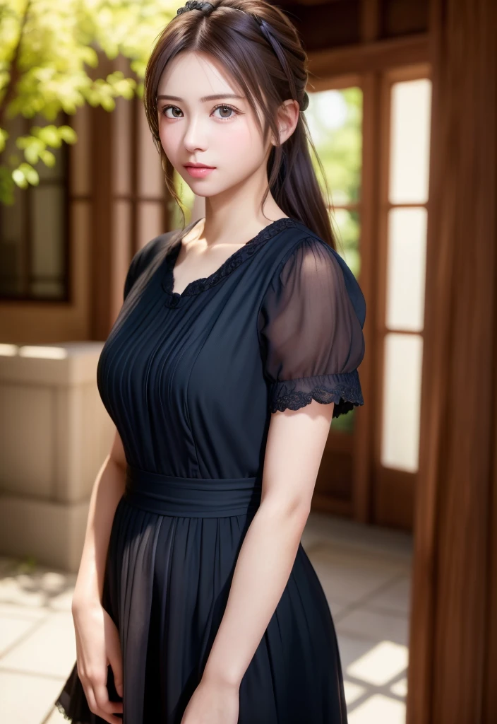 8K, of the highest quality, masutepiece:1.2), (Realistic, Photorealsitic:1.37), of the highest quality, masutepiece, Beautiful young woman, Pensive expression,、A charming、and an inviting look, Cute Maid Clothes, Hair tied back, Cinematic background, Light skin tone