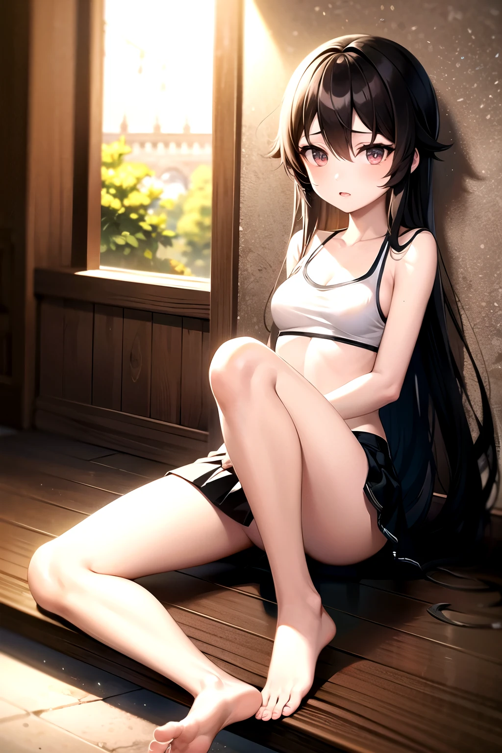 animification,female , mini skirt, bare top, long hair, black hair, bare feet, front view, shrine