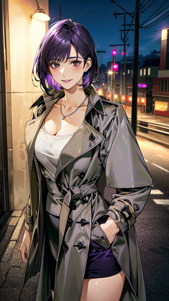 (masterpiece:1.3, Highest quality, Ultra-high resolution, Very detailed), (Realistic, photoRealistic:1.4), Beautiful illustrations, (Natural Side Lighting, Cinema Lighting), colorful, Written boundary depth, Beautiful detailsまでこだわった髪, Beautifully detailed face, Beautiful details, Beautiful clavicle, Beautiful body, 美しいLarge Breasts, Beautiful thighs, Beautiful legs, Beautiful fingers, Show Viewer、Front view:0.8, beauty1人, Japanese, beauty、30 years old, Perfect Face, (Perfect Anatomy, Anatomically correct), Cute and symmetrical face, , , Shiny skin, ((Closed coat:1.2、Grey trench coat:1.4)), (Black Skirt:1.5) (Purple Hair, Short Hair:1.4), Red eyes, (Large Breasts), The body is slim, necklace, (Beautiful views), (night), (city、England), Standing with good posture, 優しいsmile、(smile, Lips parted),