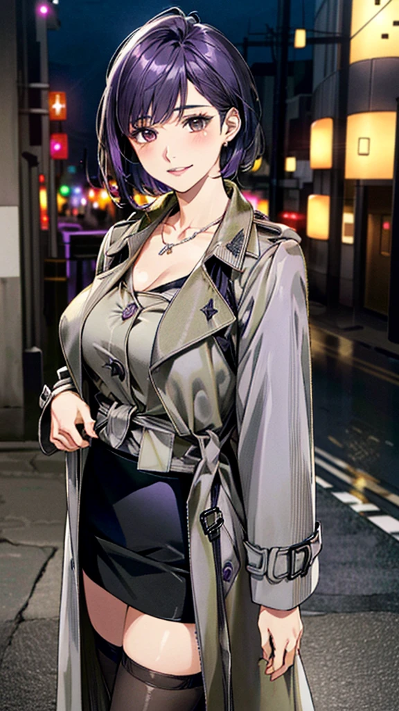(masterpiece:1.3, Highest quality, Ultra-high resolution, Very detailed), (Realistic, photoRealistic:1.4), Beautiful illustrations, (Natural Side Lighting, Cinema Lighting), colorful, Written boundary depth, Beautiful detailsまでこだわった髪, Beautifully detailed face, Beautiful details, Beautiful clavicle, Beautiful body, 美しいLarge Breasts, Beautiful thighs, Beautiful legs, Beautiful fingers, Show Viewer、Front view:0.8, beauty1人, Japanese, beauty、30 years old, Perfect Face, (Perfect Anatomy, Anatomically correct), Cute and symmetrical face, Baby Face, , Shiny skin, ((Closed coat:1.2、Grey trench coat:1.4)), (Black Skirt:1.5) (Purple Hair, Short Hair:1.4), Red eyes, (Large Breasts), The body is slim, necklace, (Beautiful views), (night), (city、England), Standing with good posture, 優しいsmile、(smile, Lips parted),