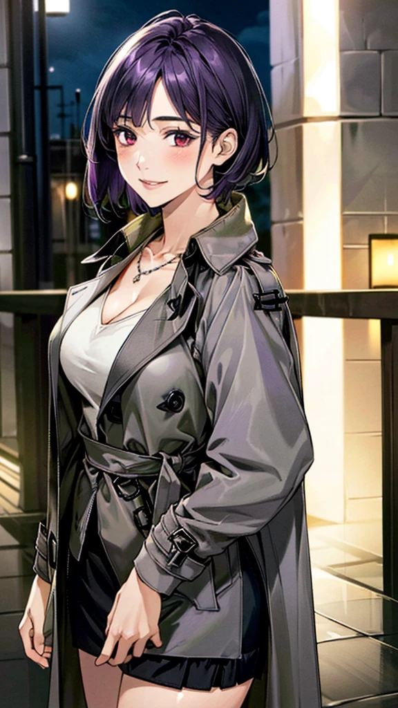 (masterpiece:1.3, Highest quality, Ultra-high resolution, Very detailed), (Realistic, photoRealistic:1.4), Beautiful illustrations, (Natural Side Lighting, Cinema Lighting), colorful, Written boundary depth, Beautiful detailsまでこだわった髪, Beautifully detailed face, Beautiful details, Beautiful clavicle, Beautiful body, 美しいLarge , Beautiful thighs, Beautiful legs, Beautiful fingers, Show Viewer、Front view:0.8, beauty1人, Japanese, beauty、30 years old, Perfect Face, (Perfect Anatomy, Anatomically correct), Cute and symmetrical face, Baby Face, , Shiny skin, ((Closed coat:1.2、Grey trench coat:1.4)), (Black Skirt:1.5) (Purple Hair, Short Hair:1.4), Red eyes, (Large Breastsbody is slim, necklace, (Beautiful views), (night), (city、England), Standing with good posture, 優しいsmile、(smile, Lips parted),