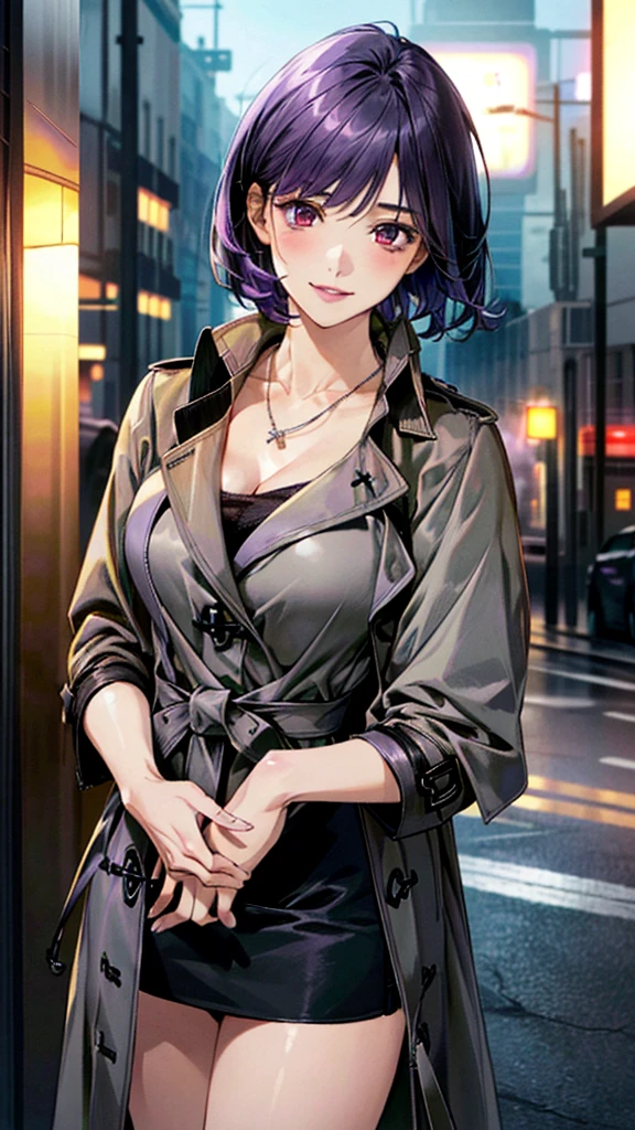 (masterpiece:1.3, Highest quality, Ultra-high resolution, Very detailed), (Realistic, photoRealistic:1.4), Beautiful illustrations, (Natural Side Lighting, Cinema Lighting), colorful, Written boundary depth, Beautiful detailsまでこだわった髪, Beautifully detailed face, Beautiful details, Beautiful clavicle, Beautiful body, 美しいLarge Breasts, Beautiful thighs, Beautiful legs, Beautiful fingers, Show Viewer、Front view:0.8, beauty1人, Japanese, beauty、30 years old, Perfect Face, (Perfect Anatomy, Anatomically correct), Cute and symmetrical face, Baby Face, , Shiny skin, ((Closed coat:1.2、Grey trench coat:1.4)), (Black Skirt:1.5) (Purple Hair, Short Hair:1.4), Red eyes, (Large Breasts), The body is slim, necklace, (Beautiful views), (night), (city、England), Standing with good posture, 優しいsmile、(smile, Lips parted),