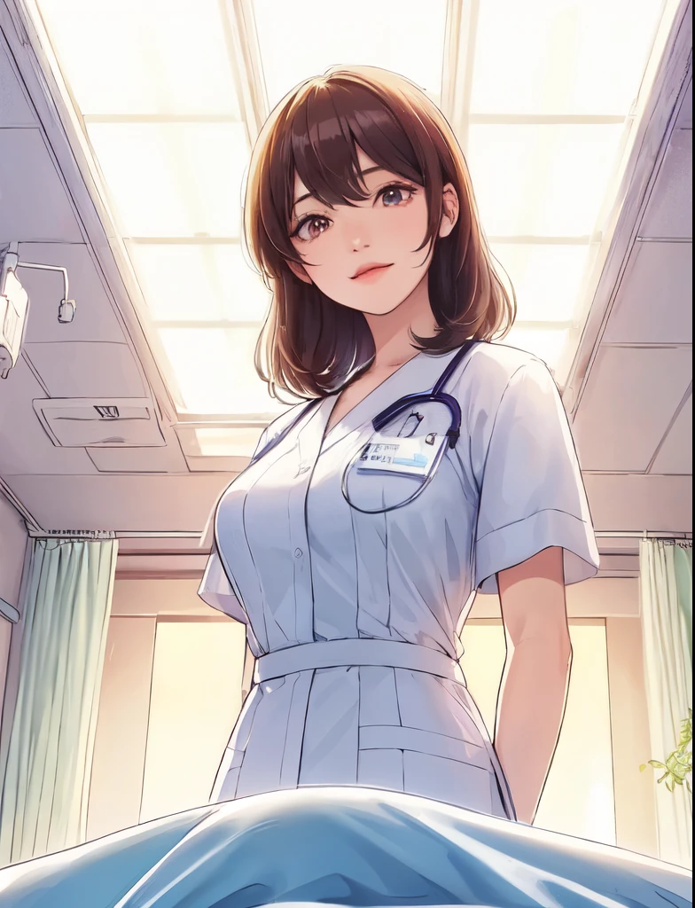 Only one female, (Look down), (From below), (Stand by the patient's bed), Health care workers, (nurse's uniform), Mature Woman, /(Brown Hair/) bangs, A kind smile, (Masterpiece Top quality:1.2) Delicate illustrations, super detailed, Big Break (Hospital room) indoor, (Bright white ceiling:1.2), (view from bed:1.2), Detailed Background