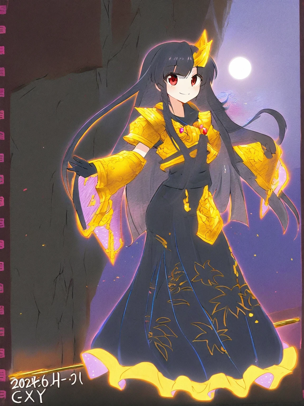 (best quality,4k,8k,highres,masterpiece:1.2), ultra-detailed,HDR, UHD, studio lighting, ultra-fine painting, sharp focus, physically-based rendering, extreme detail description, professional, vivid colors,prefect face, anatomically correct,defined lines,houraisan_kaguya_touhou,long_hair, black_hair, very_long_hair, smile,bangs, red_eyes, brown_eyes,(Ornate golden armor plates,golden horn ornaments,multicolored gemstones,yellow and black clothes,black glove,Black torso,Golden chains),night,moon in the upper left corner