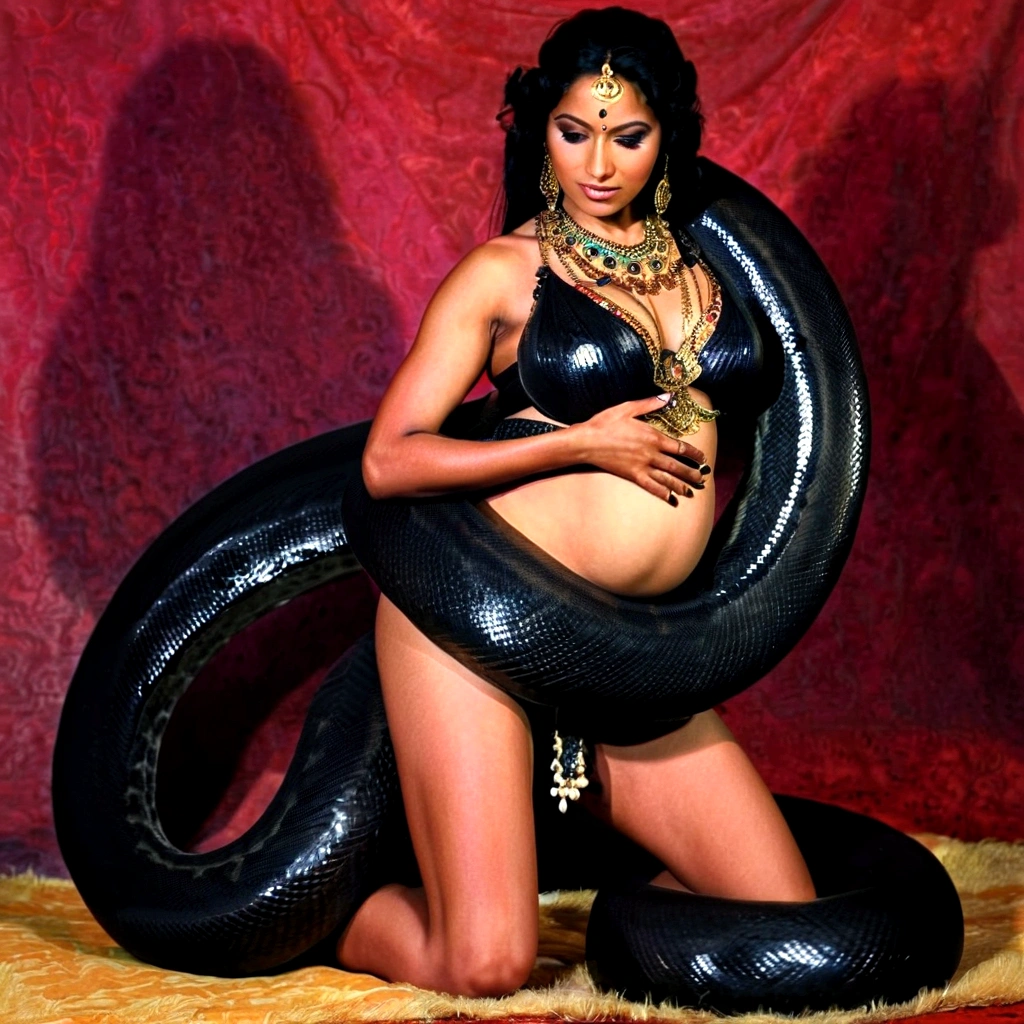Pregnant topless Happy Horny, aroused 1girl), beautiful kneeling indian young belly dancer with giant colossal black titanboa squeezing her hard, wrapped in thick spiraling coils, constricted, struggle, gasping for air, snake attack, snake peril, moonless night, dim light