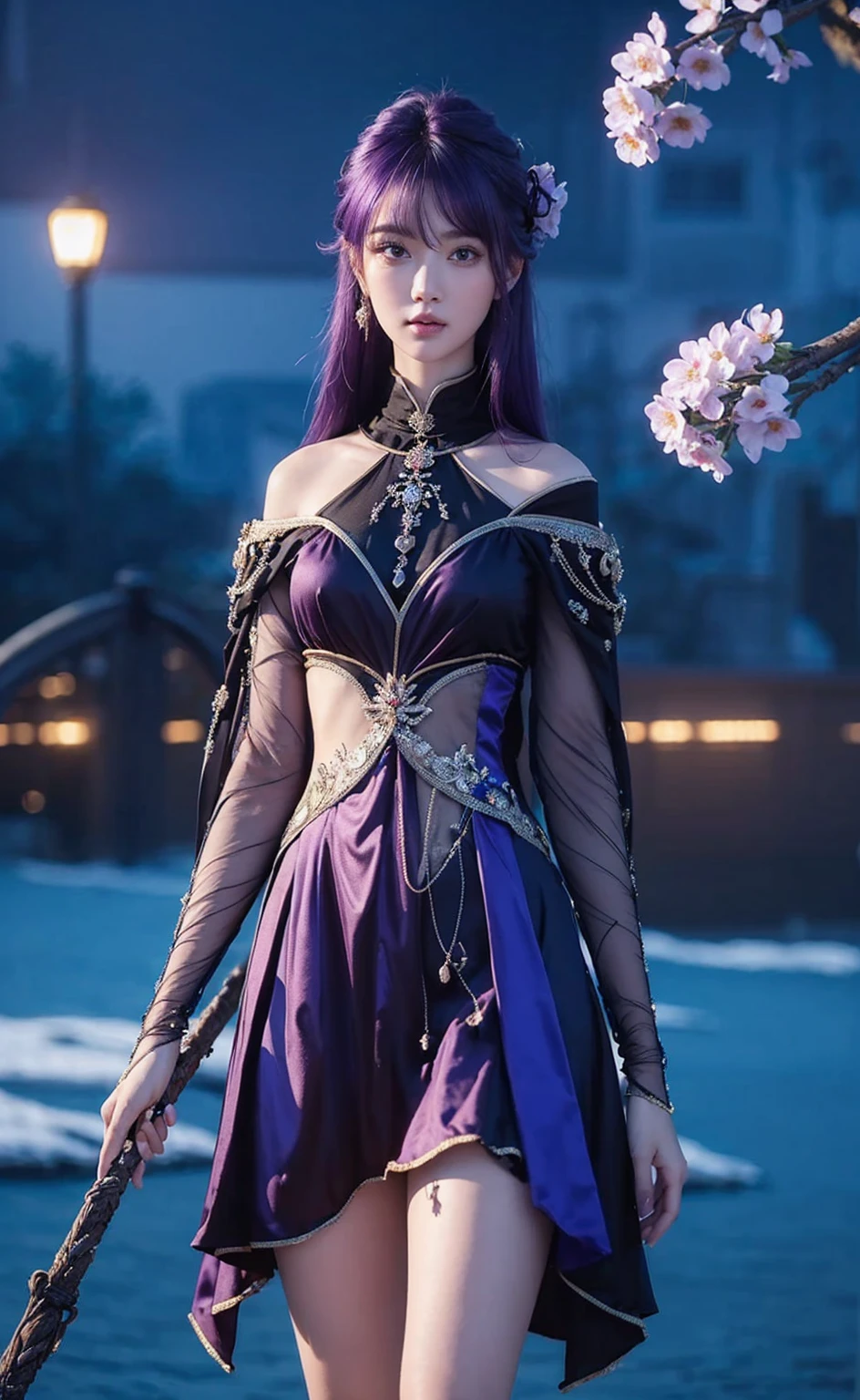 (Best quality, 8k, Masterpiece :1.3), upper bod y, Sharp focus :1.2, Beautiful woman with perfe ct figure, Highly detailed facial and skin textur e, Detailed eyes, Double eyelids, Interior view, :
erpect lighting, Glowing skin,purple hair