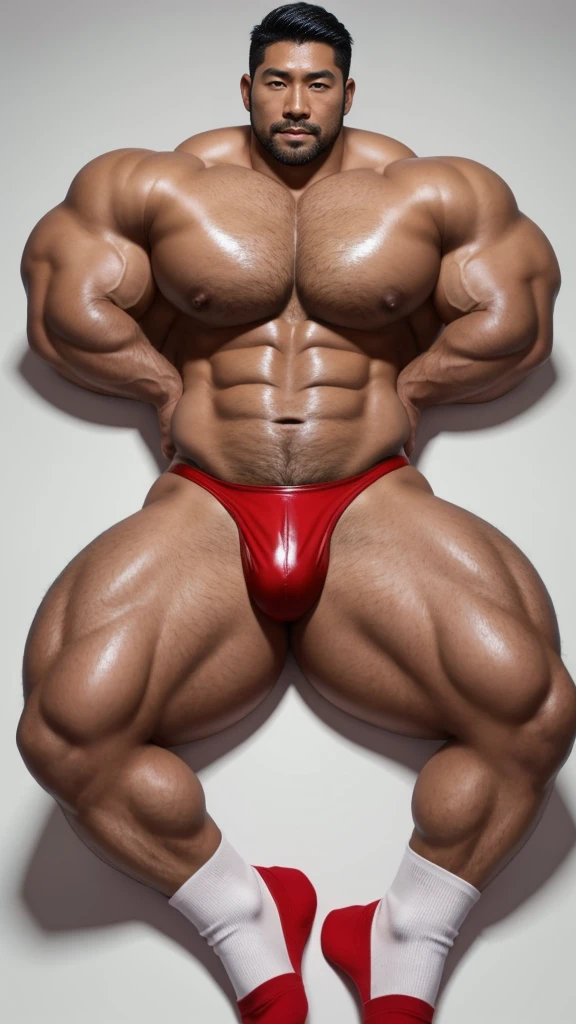 There is only one handsome Asian actor in the photo,35 years old,High target, Fitness,short hair, O-Shaped Beard,Perfect body, Dark skin color,Radiant Skin,Smooth skin,Shiny, shiny skin,Smooth pectoral muscles,No chest hair,No body hair,Muscle bulge, muscular, Very large pectoral muscles,Very sexy abdominal muscles,Very well-developed leg muscles,Huge concave and convex area,Brightens oily skin,Wearing red leather shiny thong,Handsome face, Correct and accurate male body proportions, Wear white socks,Lying on gray background。