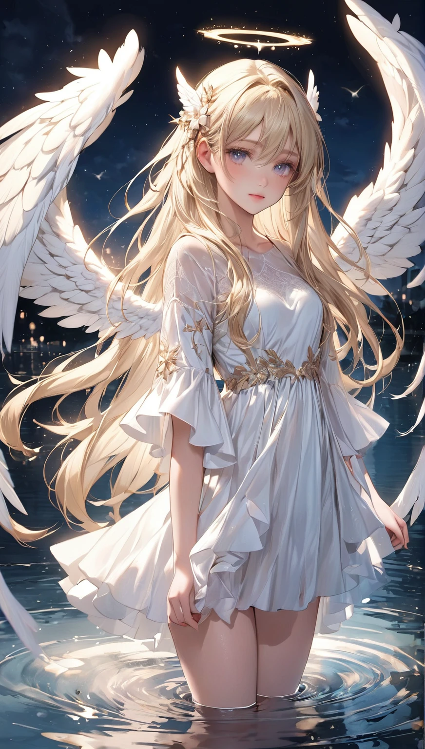 blond angel with white wings standing in water at night, of an beautiful angel girl, of beautiful angel, beautiful angel, angel girl, beautiful female angel, portrait of a beautiful angel, beautiful angel girl portrait, angelical, full - body majestic angel, angelic, beautiful anime girl, blonde anime girl with long hair, angelic wings, winged girl angel, girl with angel wings