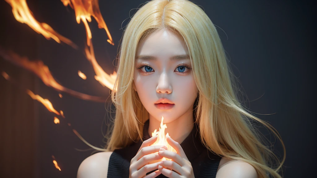 A kpop girl idol with blonde hair.  Her hands produce fire and her eyes simmer 