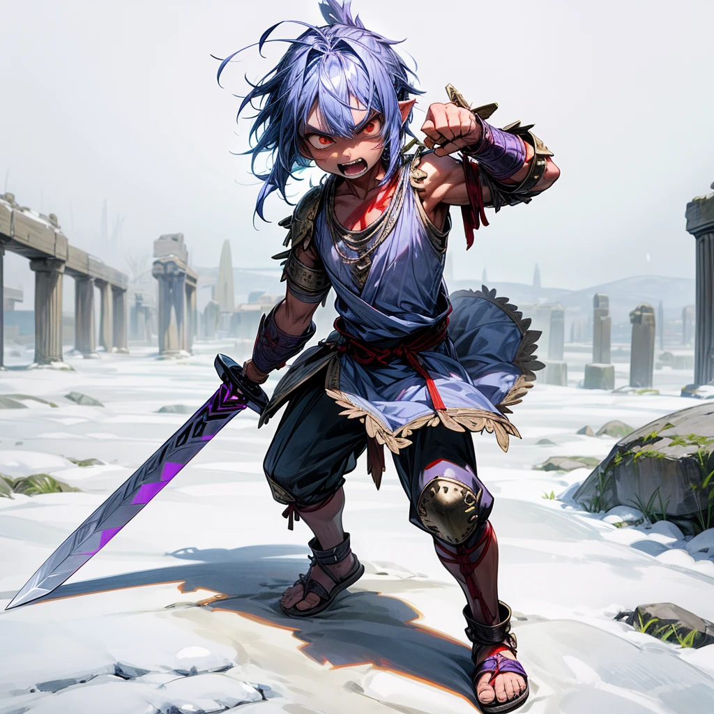 1little boy orc, Full body version, red eyes, purple colour skins, angry eyes, cut hair, blue colour hair, angry expression, ancient greek clothing, gladiator sandals, plain sword in hand, small shield, plain armor vest, Grassroots background in snow