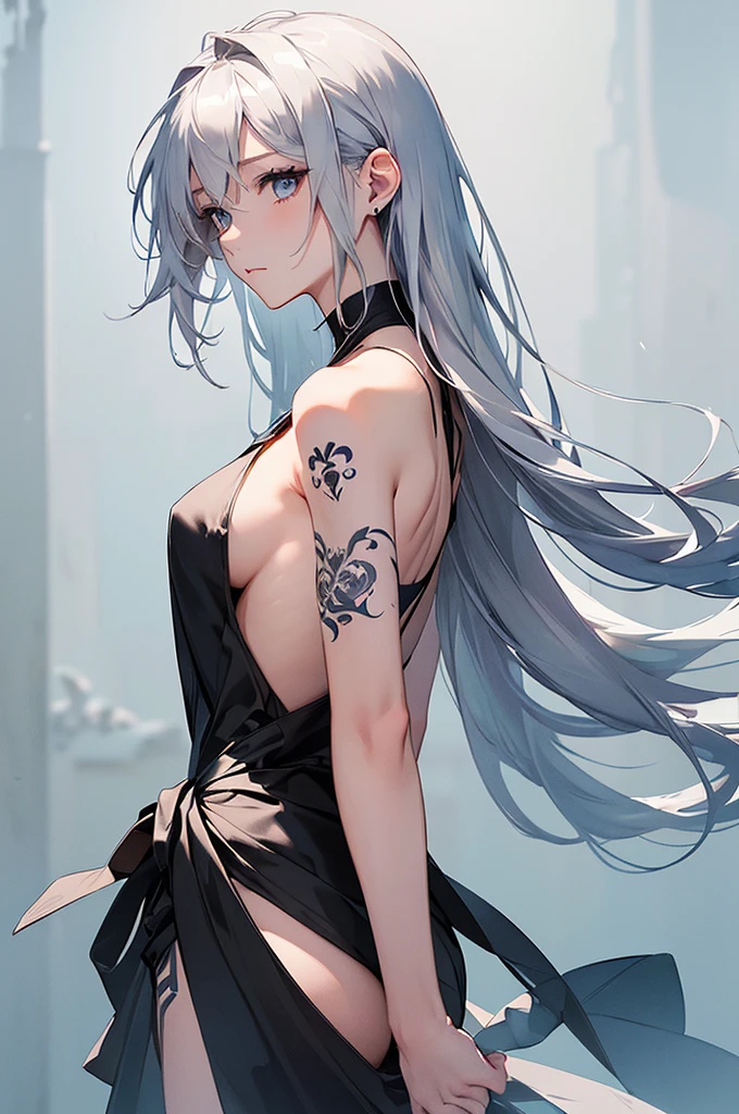 (Image from chest up:1.4)((masterpiece:1.5,Highest quality,Beautiful images、Sketch、2.5D、Ink Painting、Abstract、Artistic、Portraiture))(1girl, 独奏)(medium breasts, Silver Hair、long hair、sideboob、Exposing shoulders、Tattoo on shoulder)(横顔のPortraiture,Gaze sideways、Gaze diagonally、Shake your head、A sad expression, floating hair)(モノトーンのAbstractな背景)((from backside:1.3)),Landscape