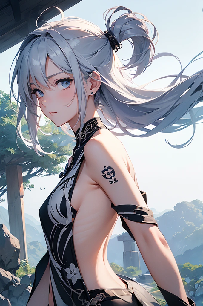 (Image from chest up:1.4)((masterpiece:1.5,Highest quality,Beautiful images、Sketch、2.5D、Ink Painting、Abstract、Artistic、Portraiture))(1girl, solo)(medium breasts, Silver Hair、long hair、sideboob、Exposing shoulders、Tattoo on shoulder)(Profile Portrait,Gaze sideways、Gaze diagonally、Shake your head、A sad expression, floating hair)(Monotone Abstract Background)((from backside:1.3)),Landscape
