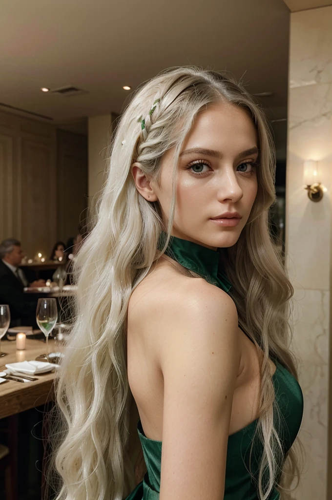 A strikingly beautiful woman. She had long white hair that flowed in soft waves down her back, perfectly framing her face. Her eyes were a mesmerizing shade of green.  
She was dressed in a chic, elegant outfit against the backdrop of a restaurant.
perfect detail, HD quality, 8K. Masterpiece, close up, realistic photo, complex details, sexy photo.