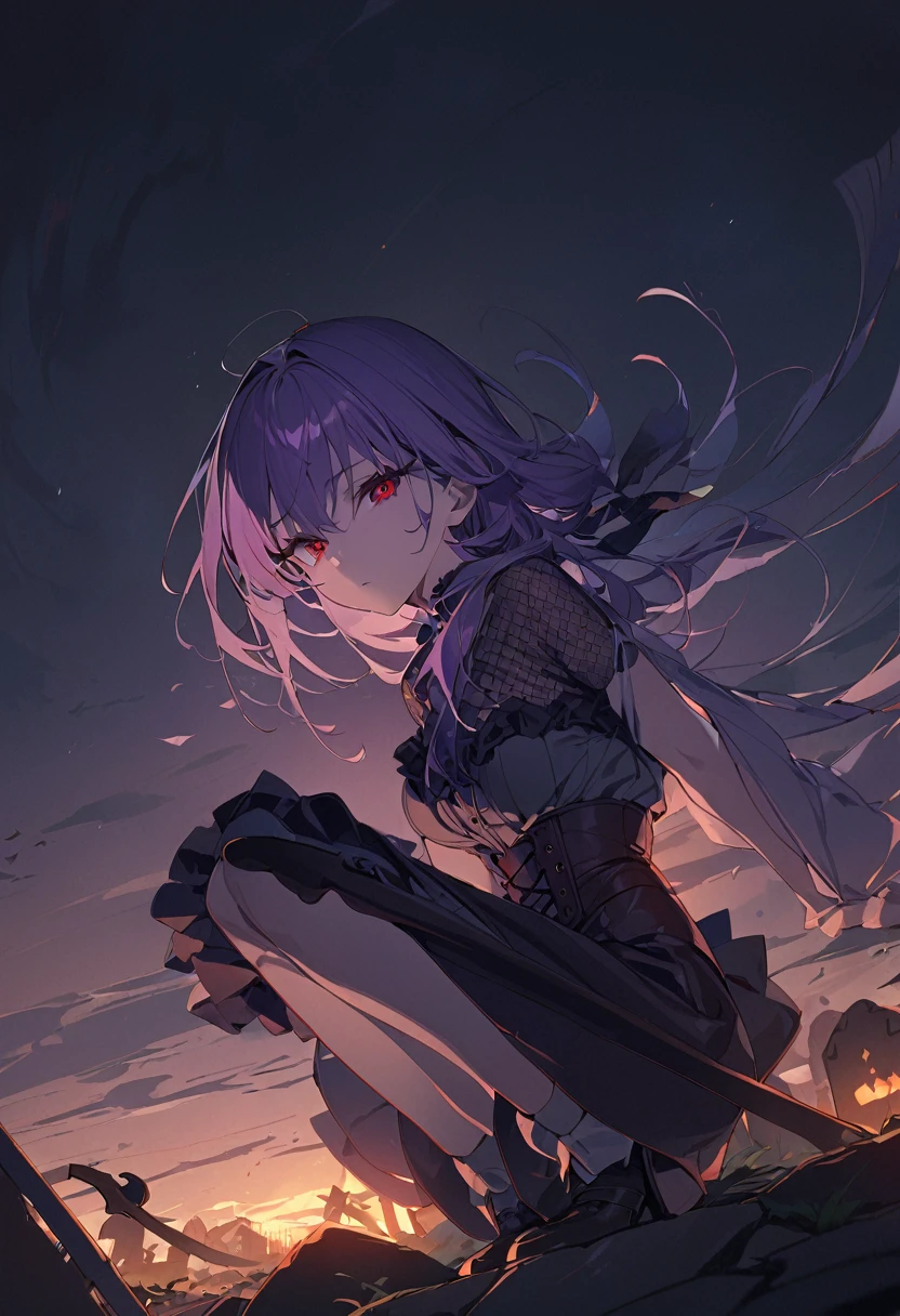 1 girl, masterpiece, best quality, fair skin, purple mesh, red eyes, corset, culottes, black scythe, black rose, wind, night, grave, crouching, anime
