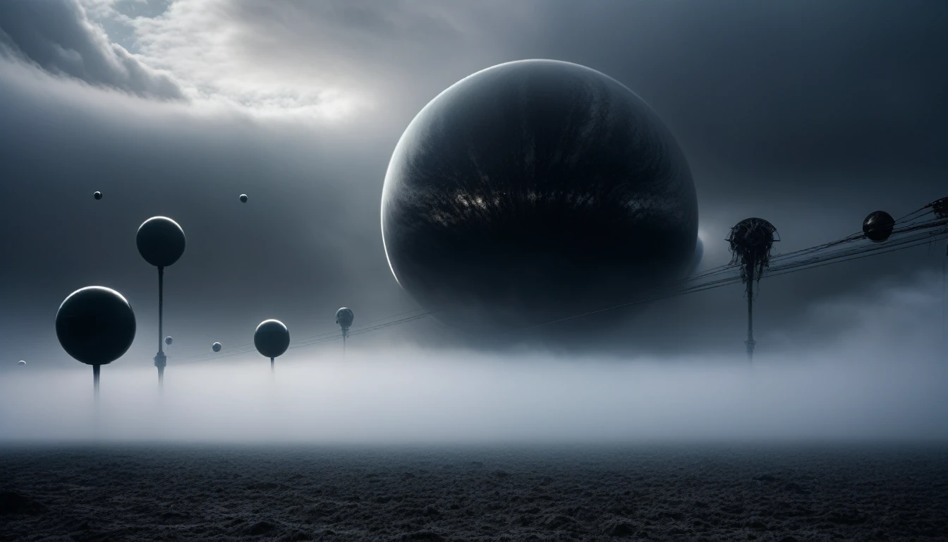(((PLANETS ALMOST TOUCHING EXCHANGING MATTER))), ON A STORMY GRAY DAY A GIANT BLACK PLANET IS SEEN, R STYLE.h. GIGER VERY CLOSE, ALMOST TOUCHING. SHOWS GRAVITATIONAL FIELD ABSORBING AND RELEASING MATTER MUTUALLY, 4k image, ALTA RESOLUCIÓN E hÍPER REALISTA, FILM DAYLIGHTING, CLOUDY DAY WITH FOG