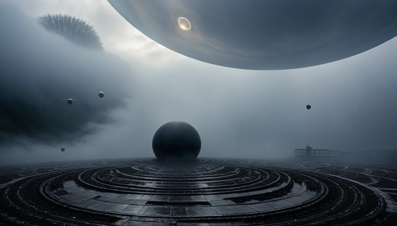 (((PLANETS ALMOST TOUCHING EXCHANGING MATTER))), ON A STORMY GRAY DAY A GIANT BLACK PLANET IS SEEN, R STYLE.h. GIGER VERY CLOSE, ALMOST TOUCHING. SHOWS GRAVITATIONAL FIELD ABSORBING AND RELEASING MATTER MUTUALLY, 4k image, ALTA RESOLUCIÓN E hÍPER REALISTA, FILM DAYLIGHTING, CLOUDY DAY WITH FOG