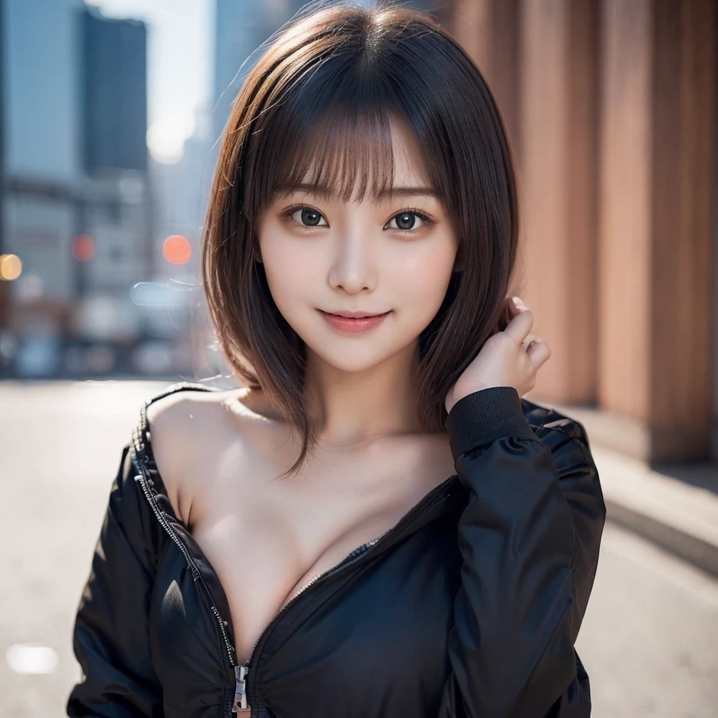 (((Beautiful girl small breasts))),Wearing a black jacket、Cyberpunk Red Green Background、(((Upper body naked))),smile,(((Small body))),(((Cute little sister)))、Round face,Big eyes, (((Nipples exposed through open clothing))),Round eyes、No makeup、Sweaty