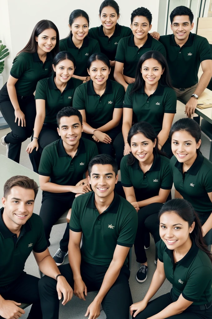 Imagine a team of eight people, where seven are women and one man. They are all dressed in dark green polo shirts and black pants.. They look very happy and motivated., The scene reflects a positive and collaborative environment among team members.